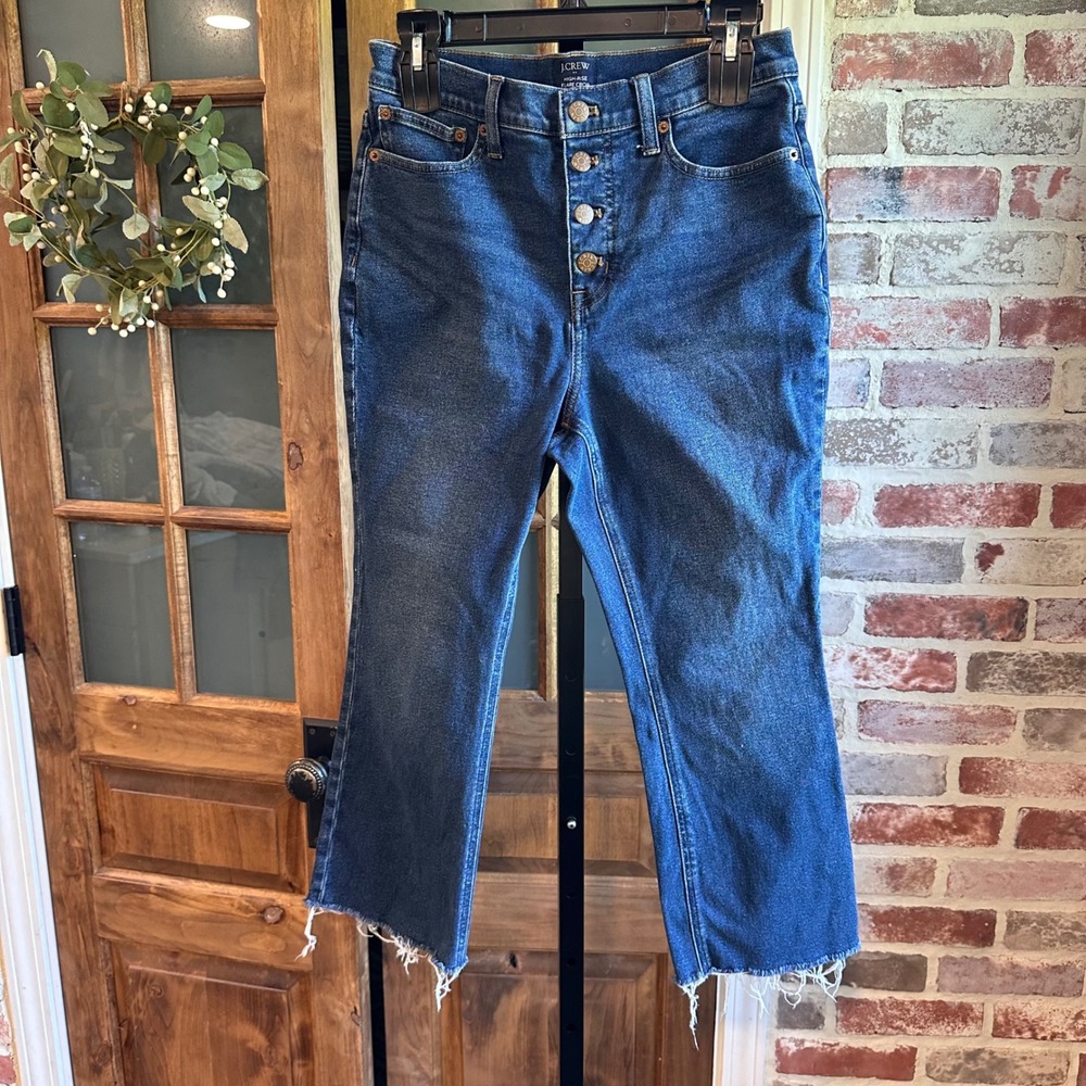 J.Crew Flare Crop Jeans Women Blue High Rise Raw Hem Button Fly Denim 28P